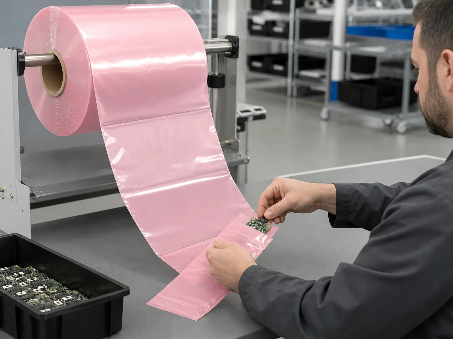 Anti-Static Pre-Opened Bags on a Roll in an industrial packaging application
