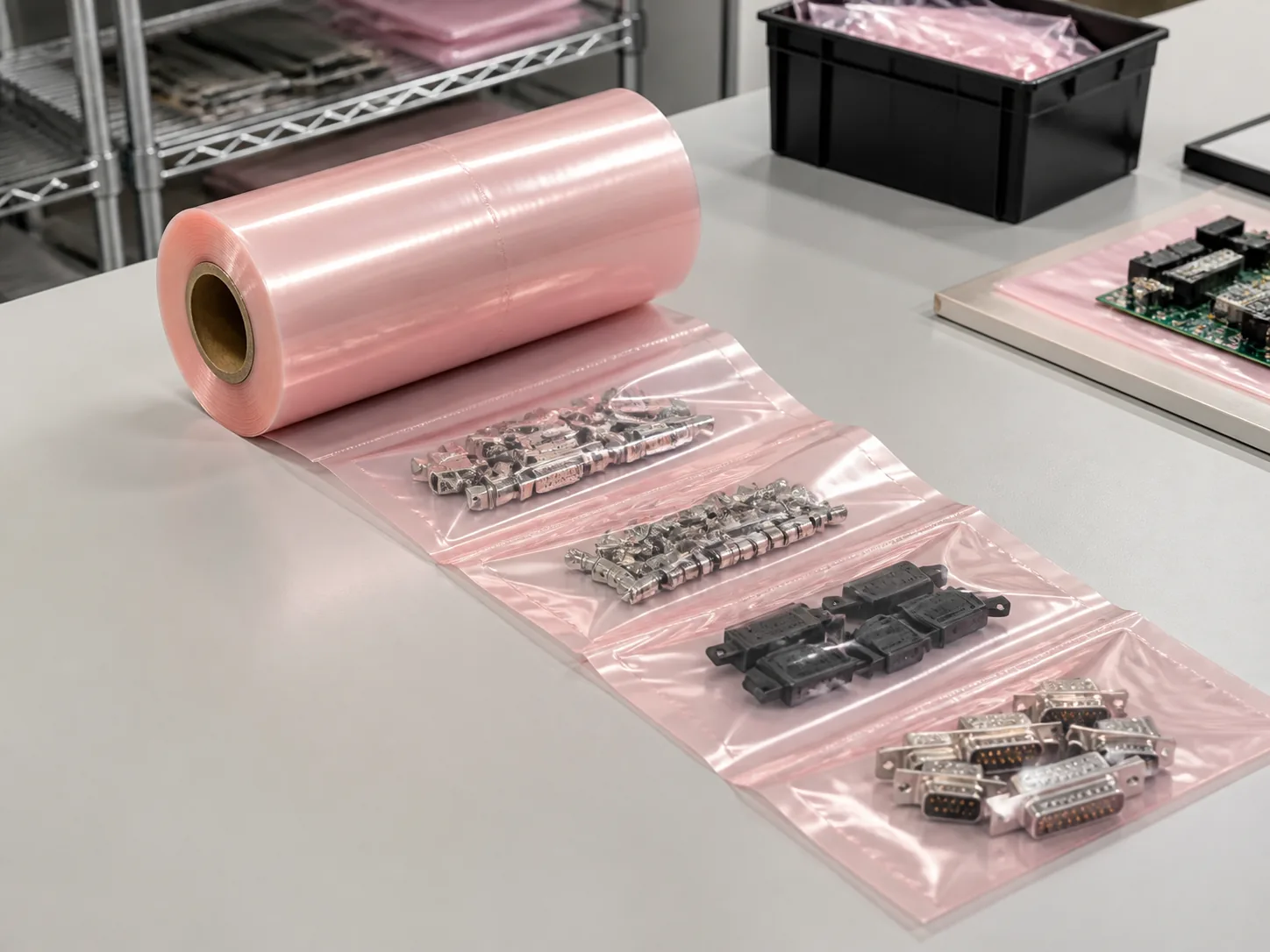 Anti-Static Pre-Opened Bags on a Roll used for packing suitable electronic parts in controlled assembly or kitting workflows
