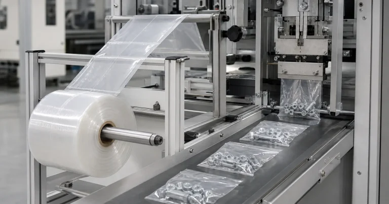 Clear pre-opened bags feeding through automatic industrial packaging equipment