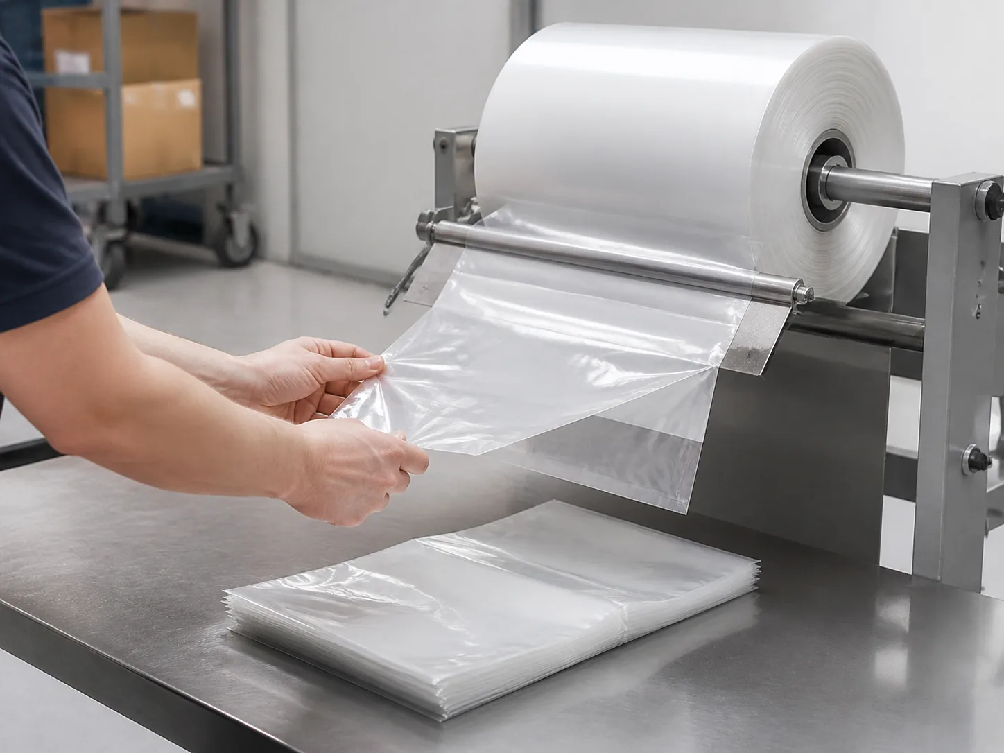 Clear Front and White Back Pre-Opened Bags on a Roll in an industrial packaging application