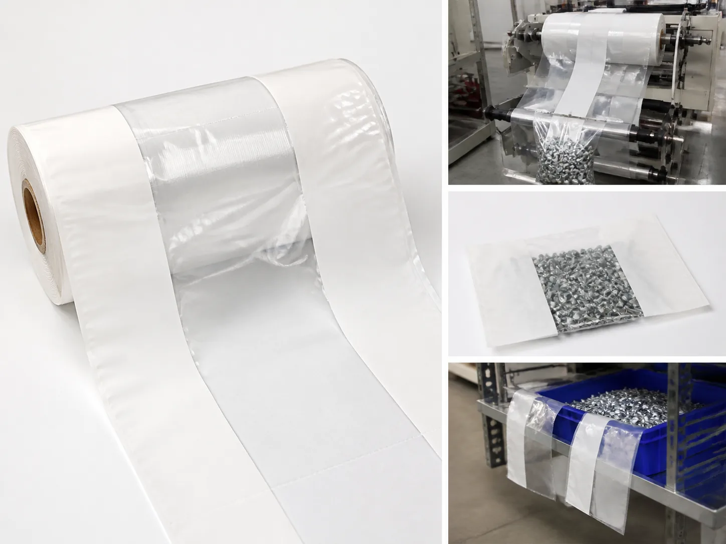 Material and customization options for clear front and white back pre-opened bags on a roll