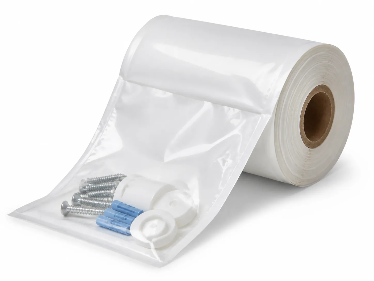 Clear Front and White Back Pre-Opened Bags on a Roll used for retail-ready parts packs and visually identifiable industrial kits