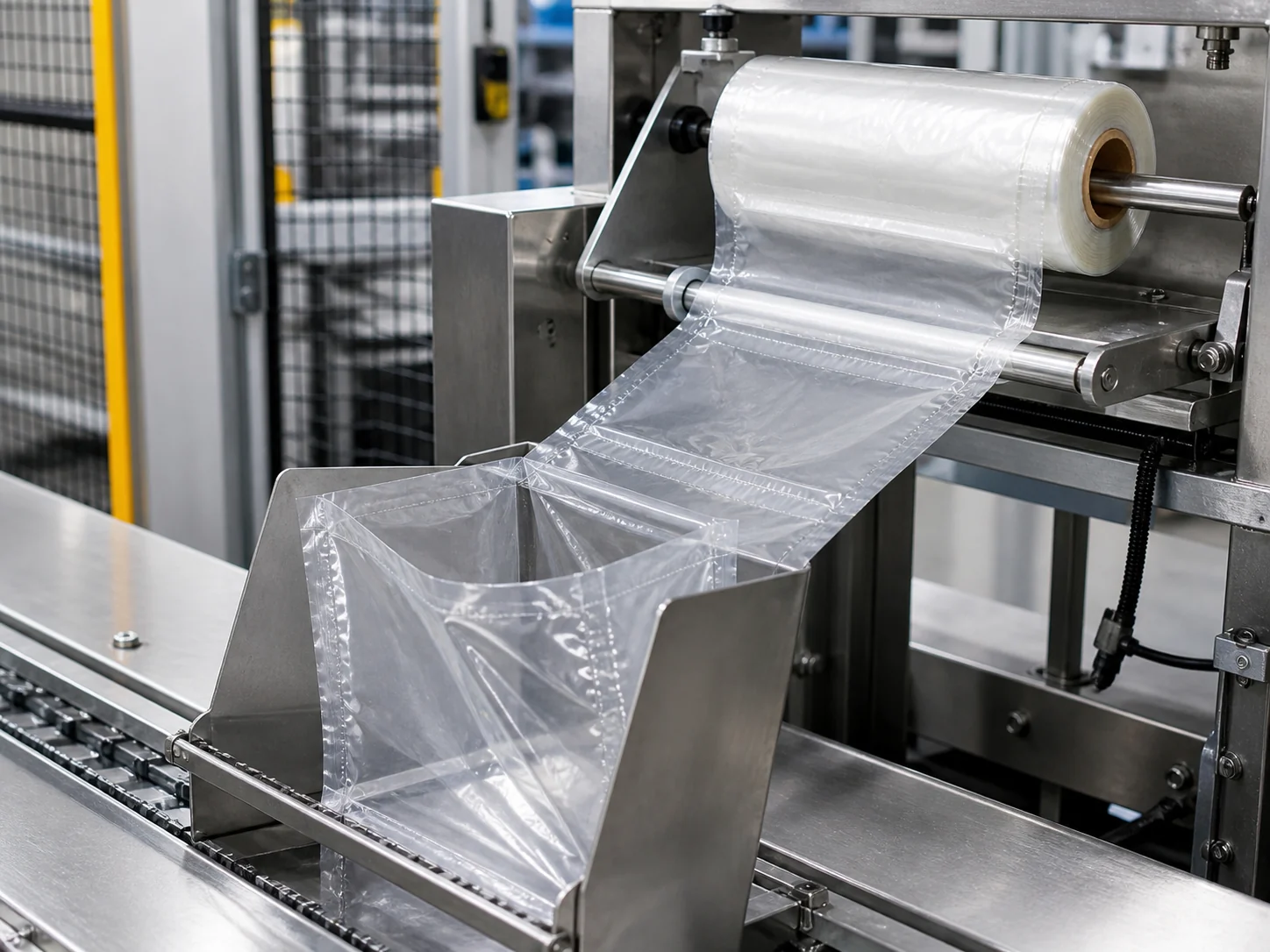 Clear pre-opened bag positioned for an industrial bagging application