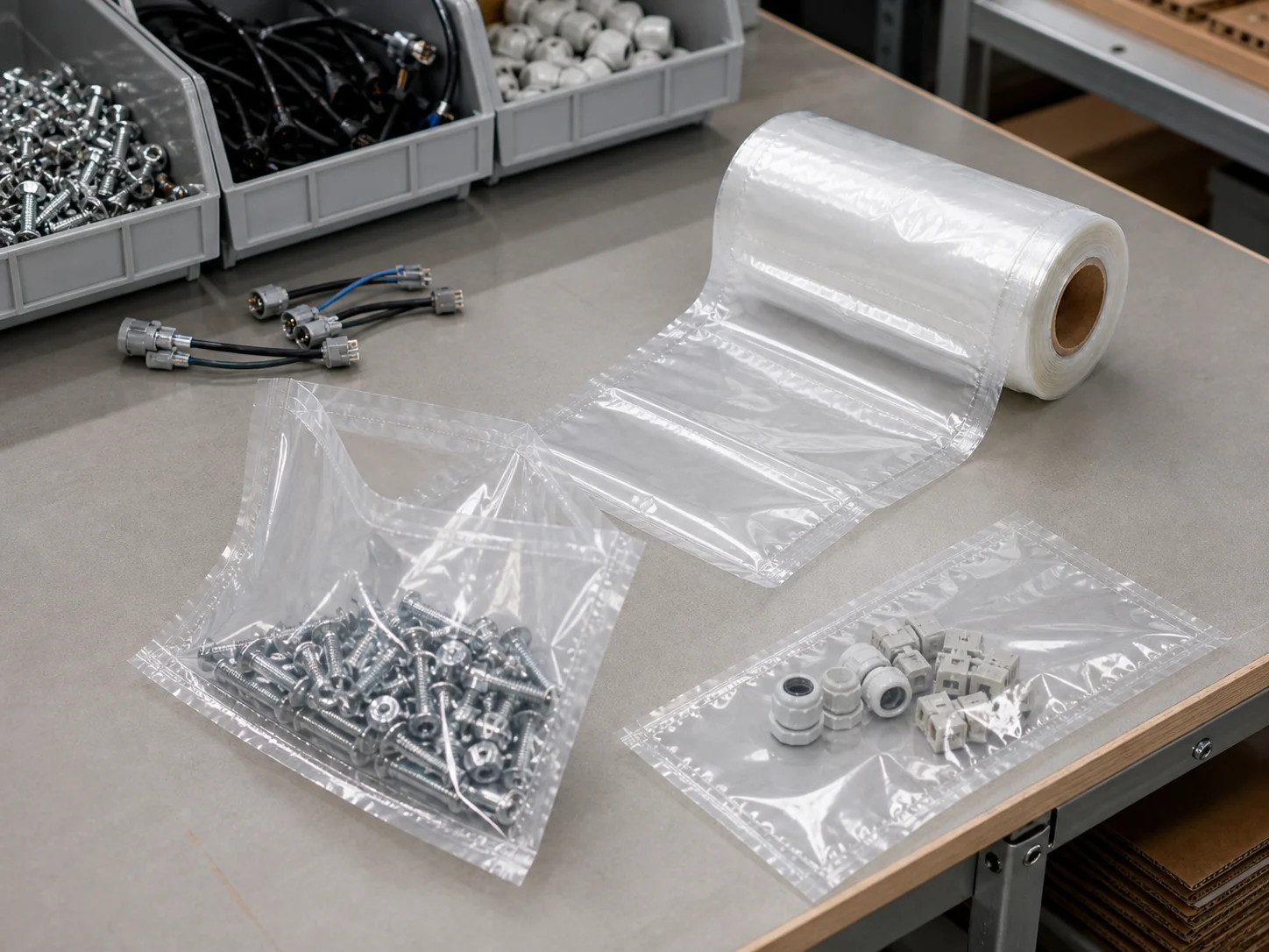 Clear pre-opened bags used to organize small industrial components