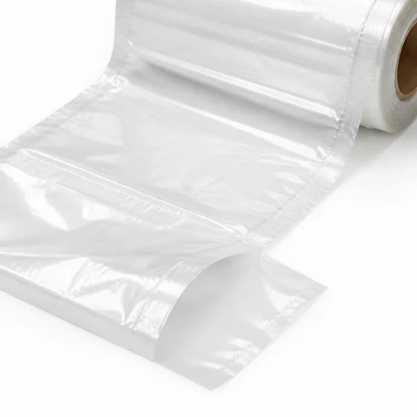 Close-up of the opening and perforation on clear bags on a roll