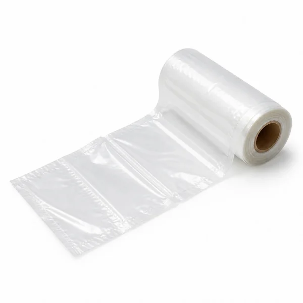 Side-angle view of clear pre-opened bags wound on a roll