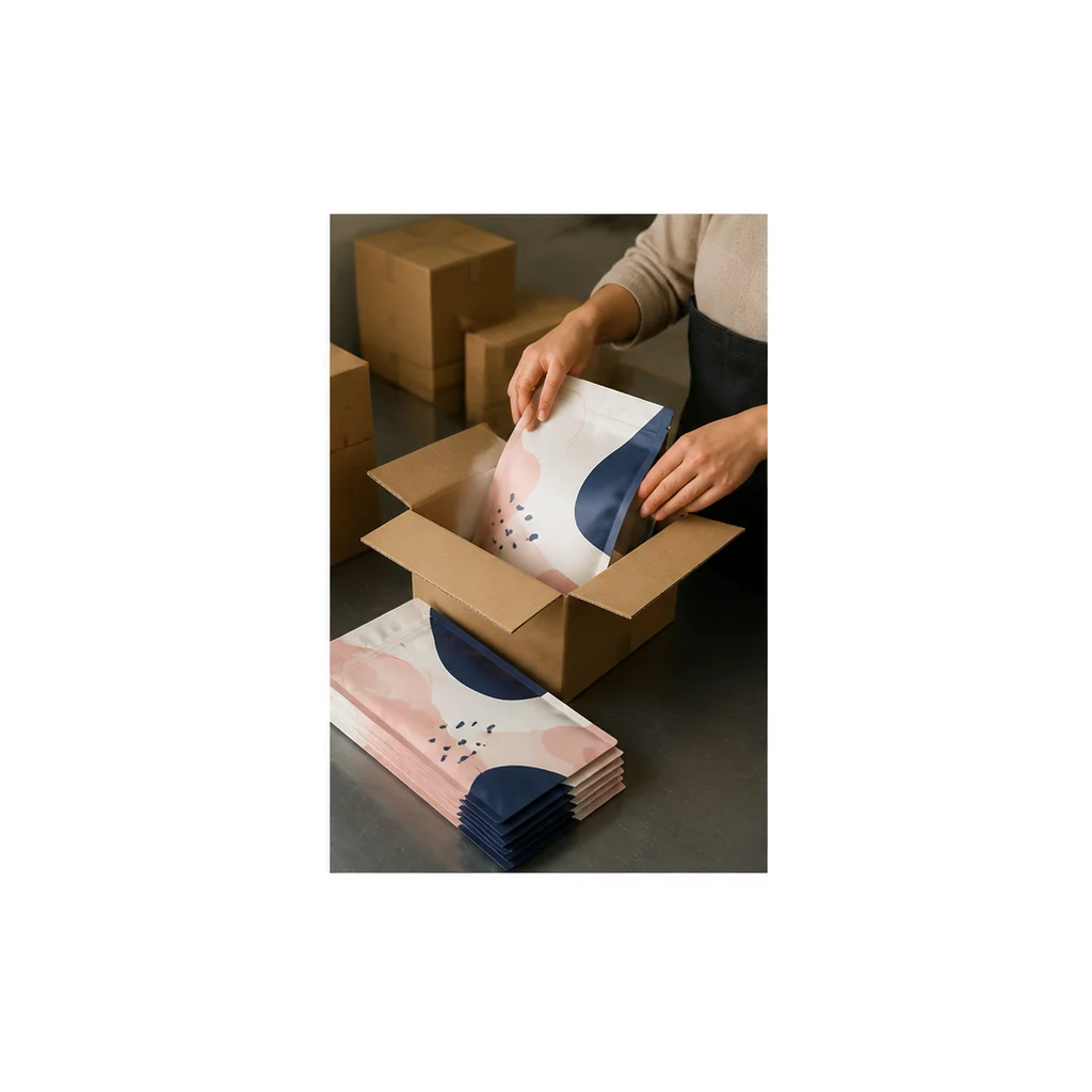 Custom flat bottom pouches in a professional filling and packing application