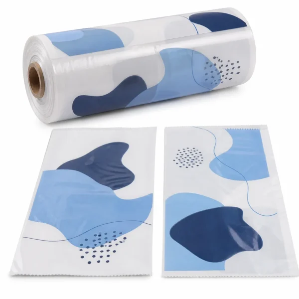 Alternate product view of custom printed pre-opened bags on a roll