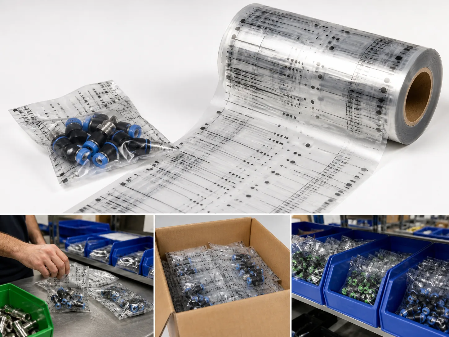 Custom Printed Pre-Opened Bags on a Roll used for branded component packs instruction bags and product-identification packaging