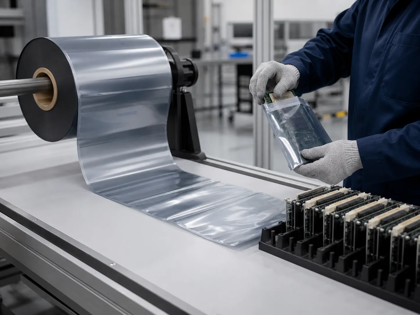 ESD Protective Pre-Opened Bags on a Roll in an industrial packaging application