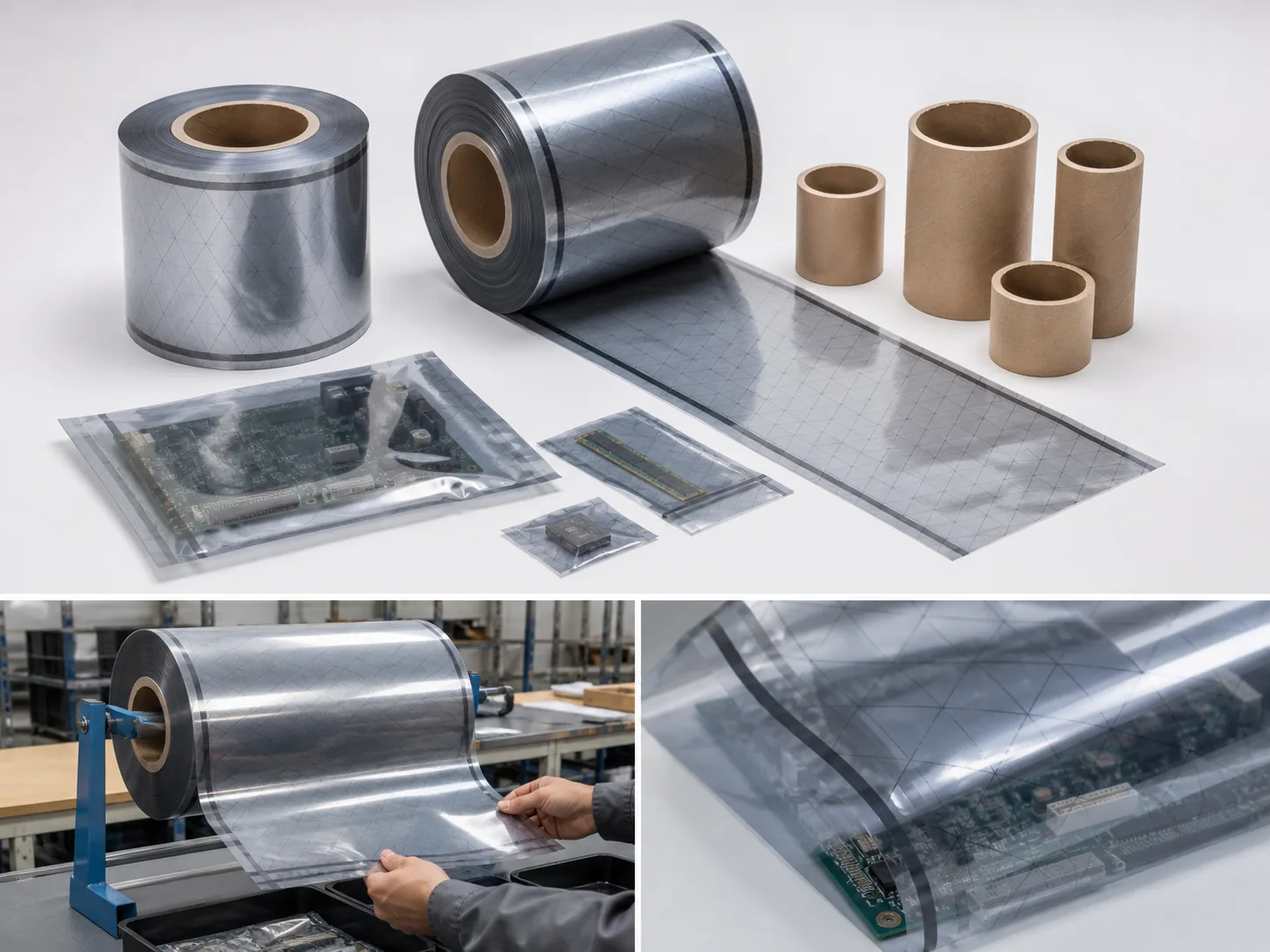 Material and customization options for esd protective pre-opened bags on a roll
