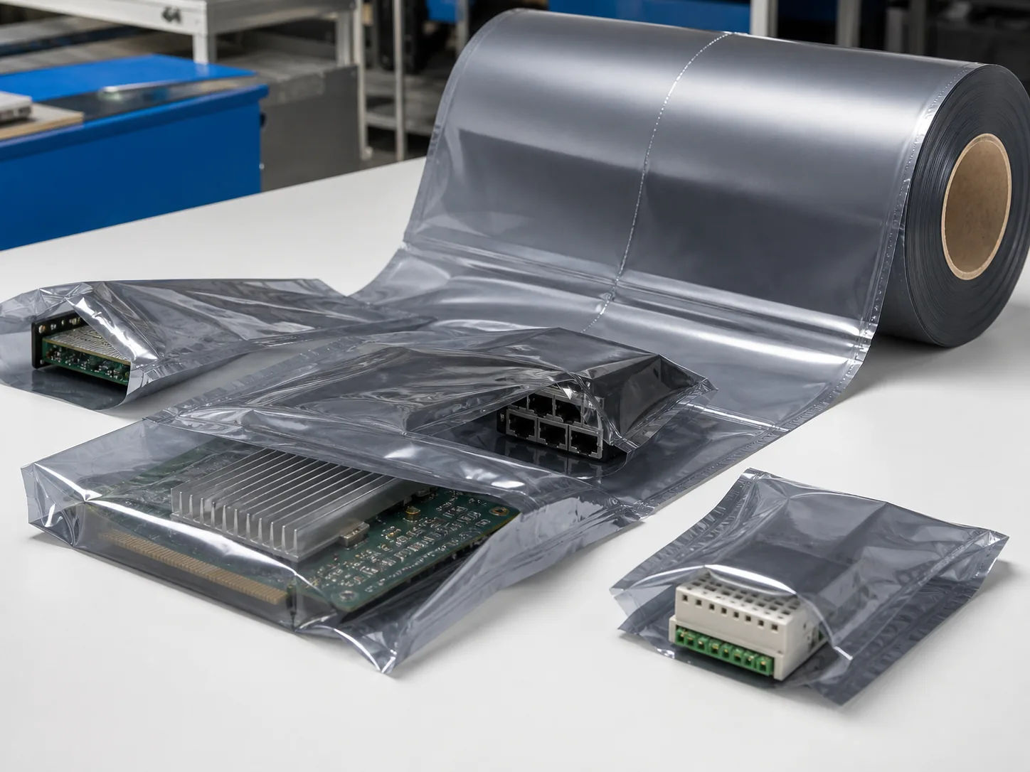 ESD Protective Pre-Opened Bags on a Roll used for packaging sensitive electronic devices where stated esd criteria must be reviewed