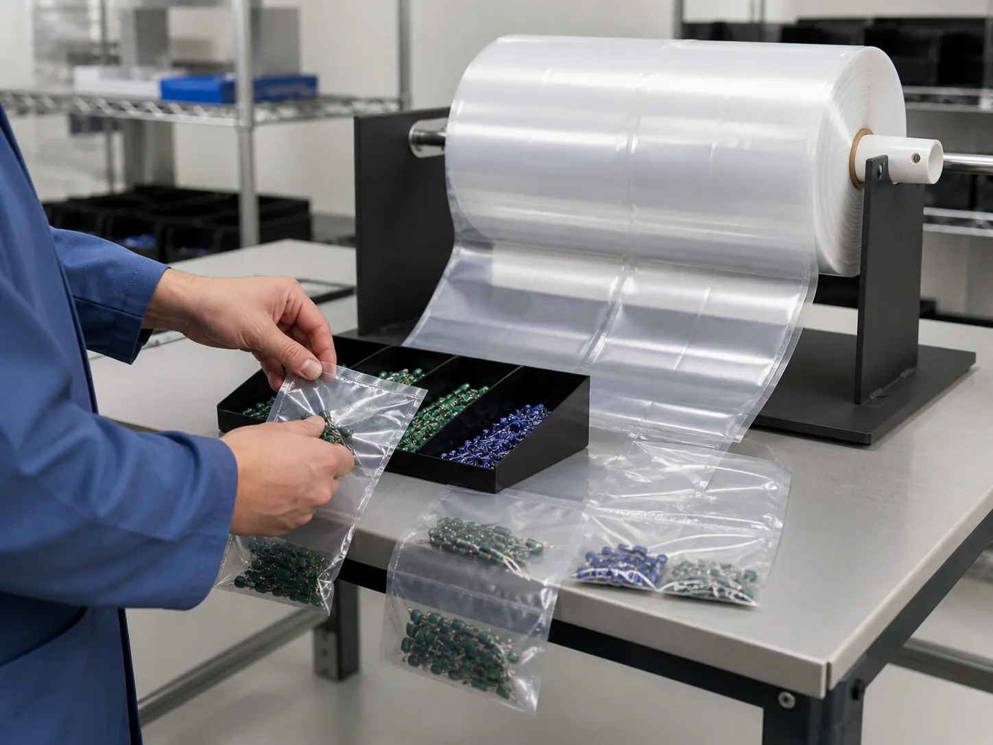 Pre-Opened Bags on a Roll for Electronic Components in an industrial packaging application