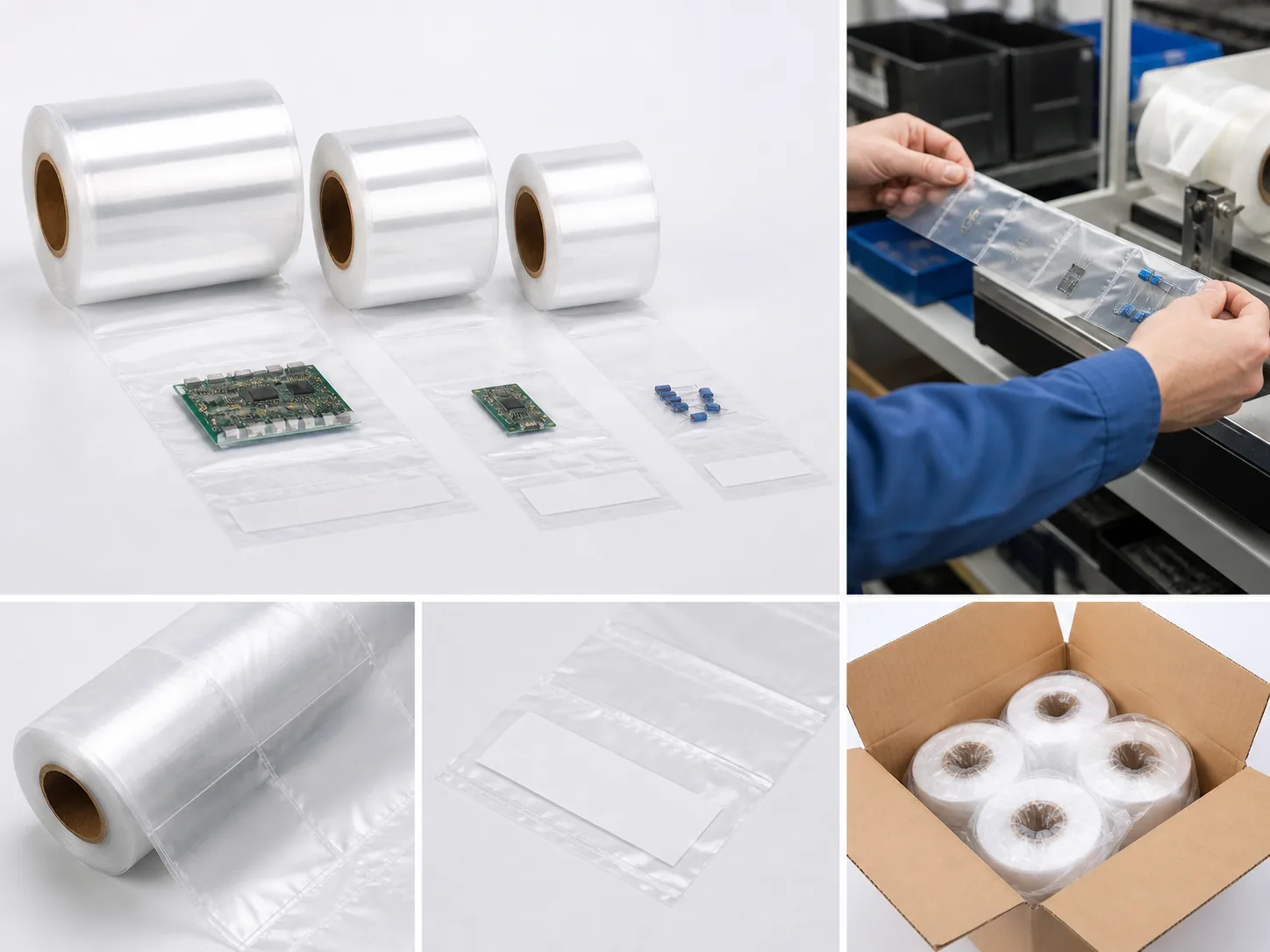 Material and customization options for pre-opened bags on a roll for electronic components