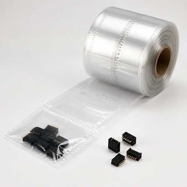 Close-up detail of pre-opened bags on a roll for electronic components