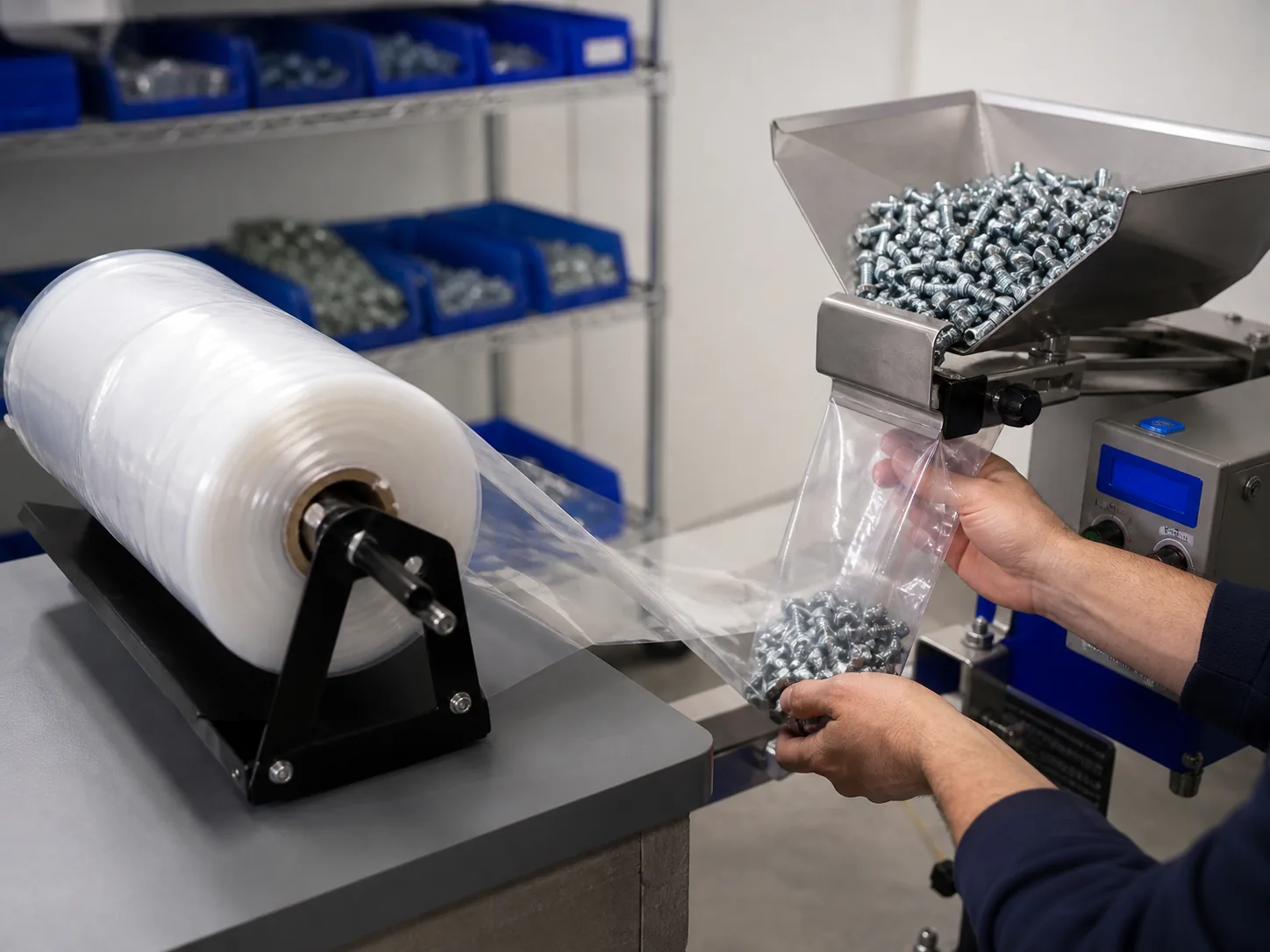 Pre-Opened Bags on a Roll for Hardware Parts in an industrial packaging application
