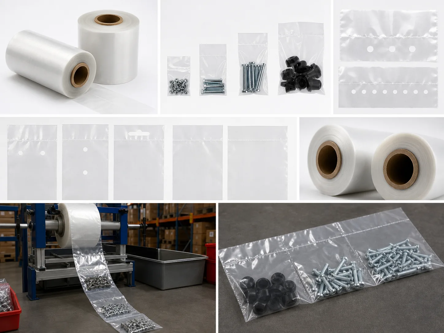 Material and customization options for pre-opened bags on a roll for hardware parts