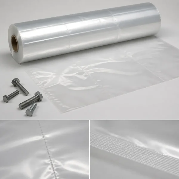 Close-up detail of pre-opened bags on a roll for hardware parts