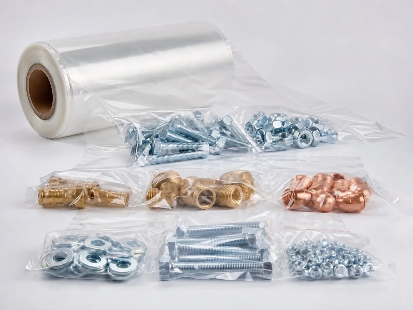 Pre-Opened Bags on a Roll for Hardware Parts used for fasteners fittings spare parts and assembly hardware packs