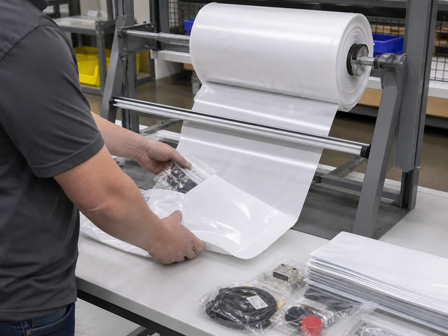 White Opaque Pre-Opened Bags on a Roll in an industrial packaging application