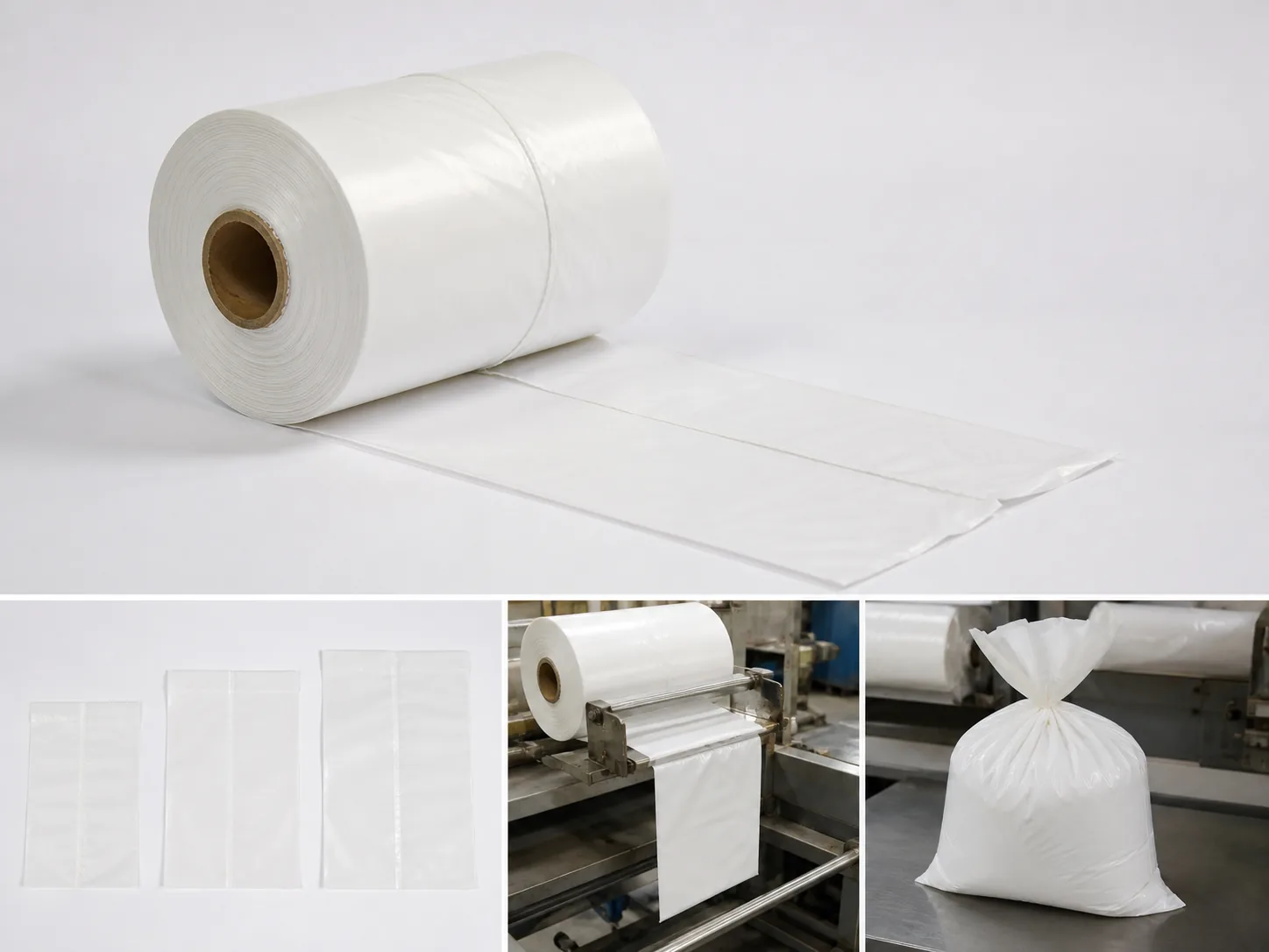 Material and customization options for white opaque pre-opened bags on a roll
