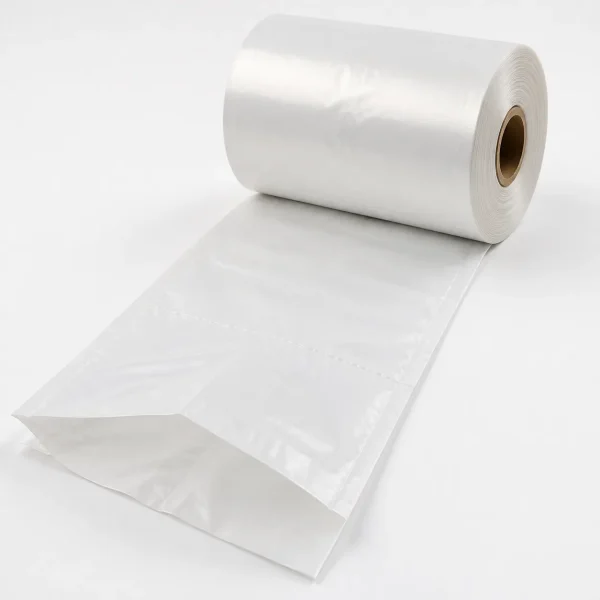 Close-up detail of white opaque pre-opened bags on a roll