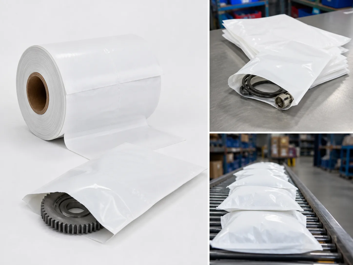 White Opaque Pre-Opened Bags on a Roll used for packing parts or kits that should not remain visible